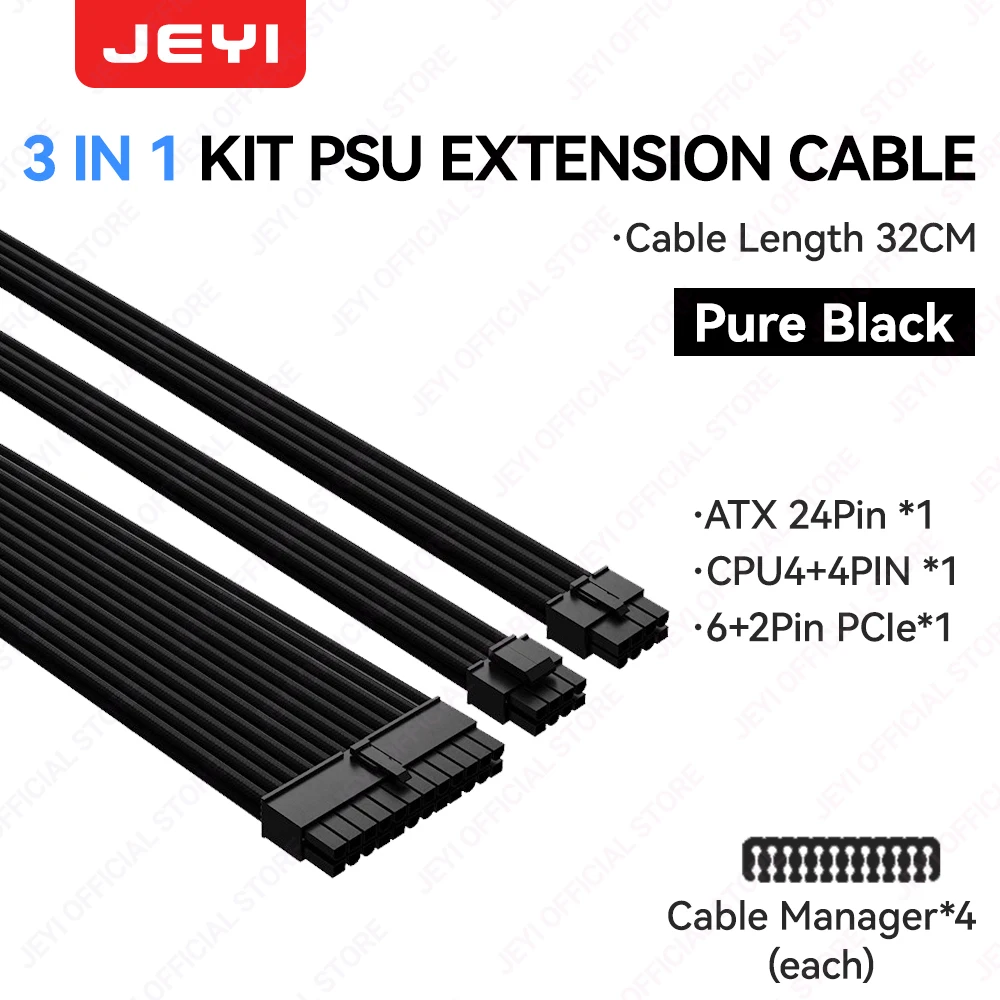 JEYI PSU-verlengkabelset - 24-pins ATX + 8-pins EPS + 6+2-pins PCIe | 18AWG koperdraad | Premium mouwen met kabelkammen