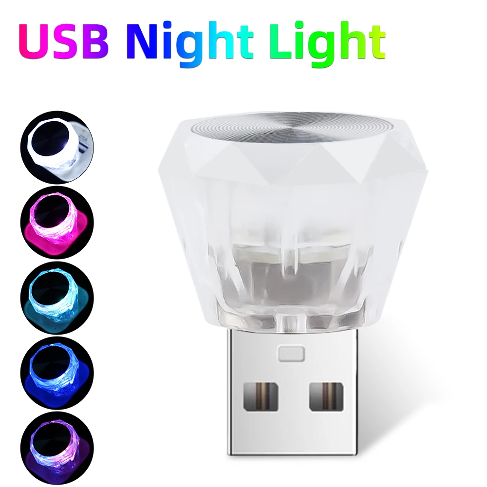 1/3Pcs Mini USB 5V Car LED Ambient Lamp Interior Night Light Home Auto Crystal Colorful Flash Atmosphere Lights Decorative Bulb