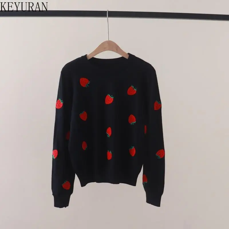 2024 Autumn Winter Strawberry Embroidery Sweater Women's New Style Crew Neck Long-Sleeved Pullovers Sweaters Outerwear Jumpers