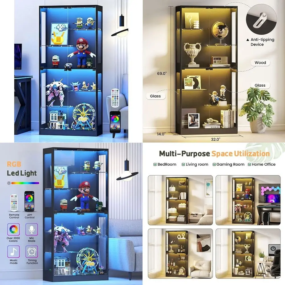 Display Cabinet with Glass Doors 69 Curio Cabinet for Collectibles with RGB LED Lights and Adjustable Shelves, Glass Display Ca