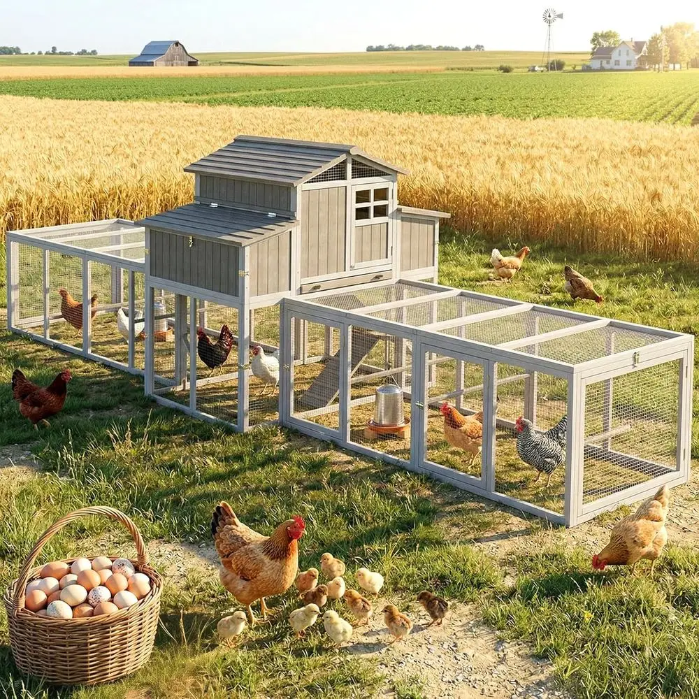 Pollaio in Legno Extra Grande con Doppio Recinto per 6-10 Galline, Pollaio Rialzato a 2 Livelli con Cassette per la Nidificazione, Espandibile