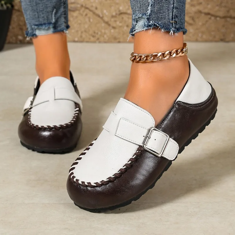 Women Round‑Toe Two‑Tone Buckle Loafers 1CM Flat Heel Contrast‑Stitch Faux‑Leather Slip‑On Dual‑Wear Backless Moccasin Shoes