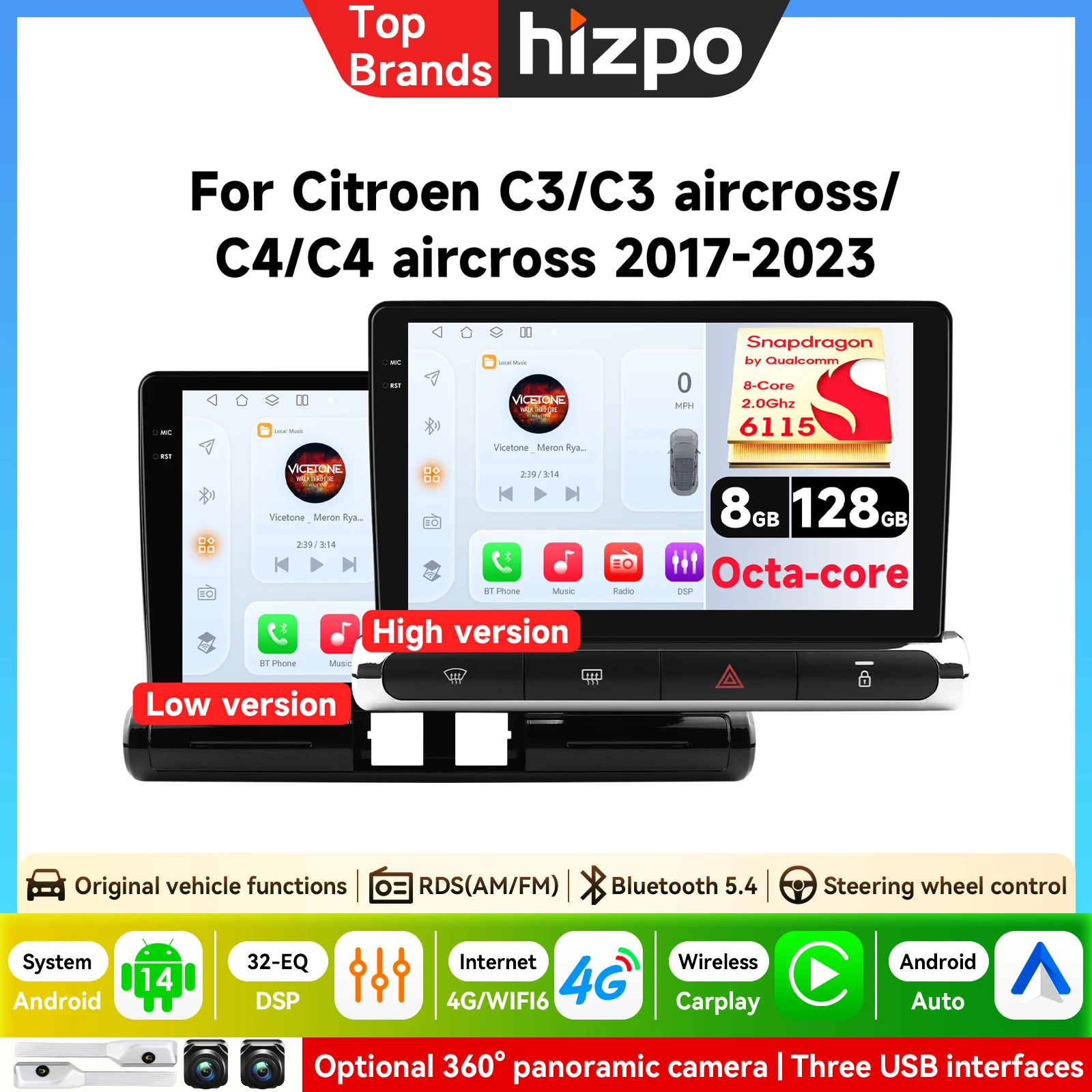 Hizpo per Snapdragon 2DIN Autoradio Android Intelligente per C3 Aircross 2017 - 2023 Citroen C4 Lettore Multimediale per Auto