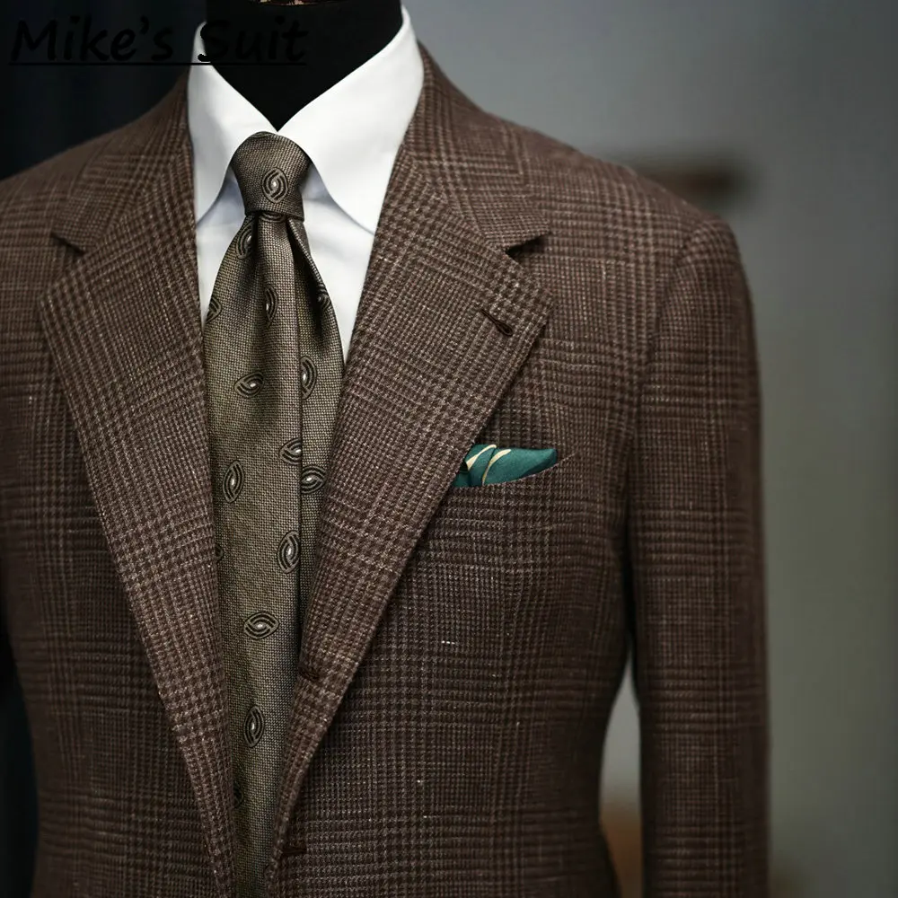 Chocolate Glen Check Tweed Wool Men Suit 2 Piece Jacket And Pants Man Suits Tuxedos For Business Wedding Groom