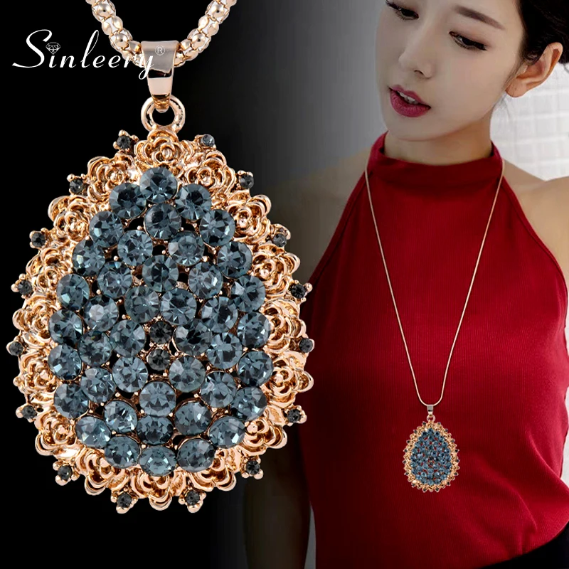 SINLEERY Shiny Waterdrop Pendant Necklace Antique Gold Color Long Chain Gray Zircon Crystal Neckalce For Women Jewelry