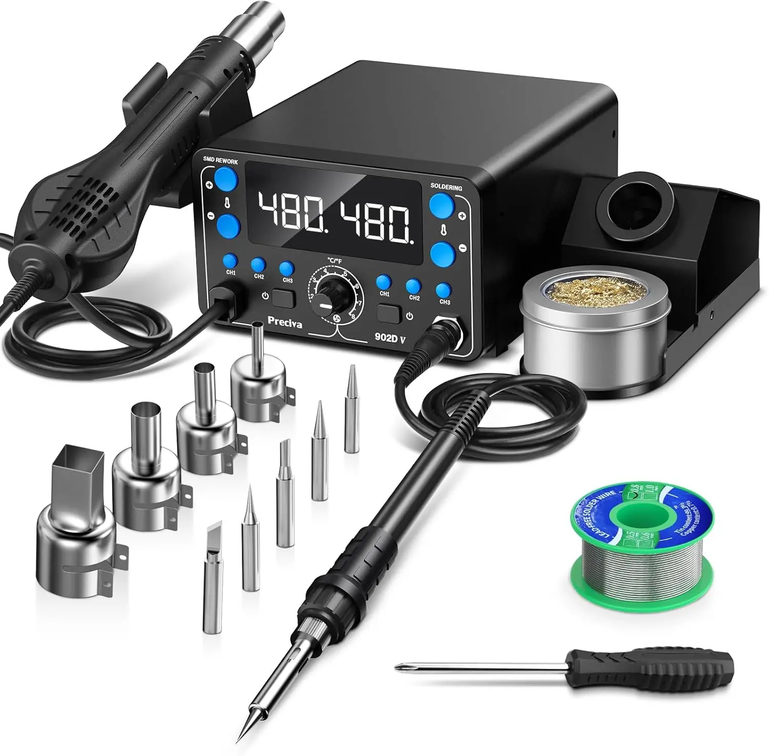 

2-in-1 SMD Hot Air Rework Station with LED, Memory Presets, Sleep, Calibration, Includes Soldering Iron and Accessories