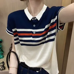 Casual Short Sleeve Striped Contrast Color T-shirt Women's Fashion Commute Summer New Lapel Loose Button Patchwork Knitted Tops