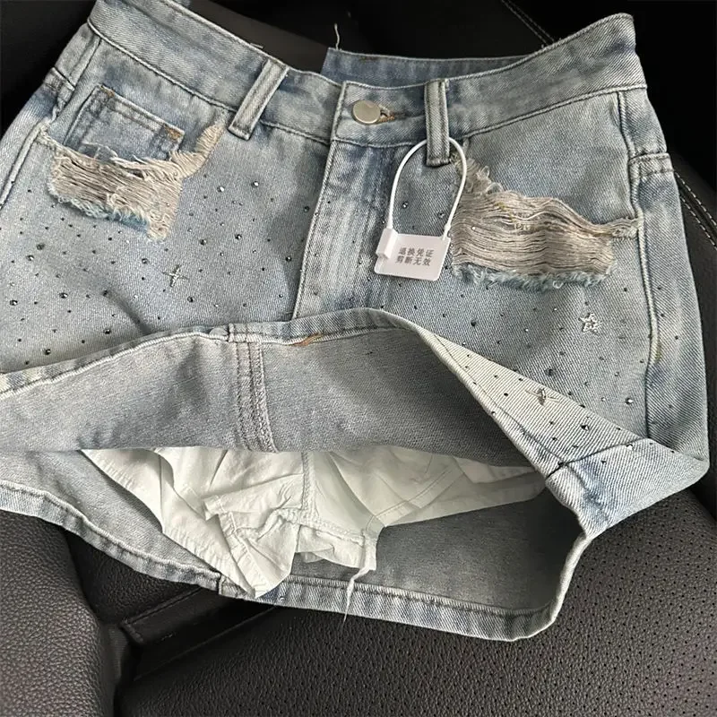 Vintage Denim Starry Skirts Women Mini Rhinestone Denim A-line Korean Style Hot Spicy Girls Summer Streetwear Stylish Y2k Skirt