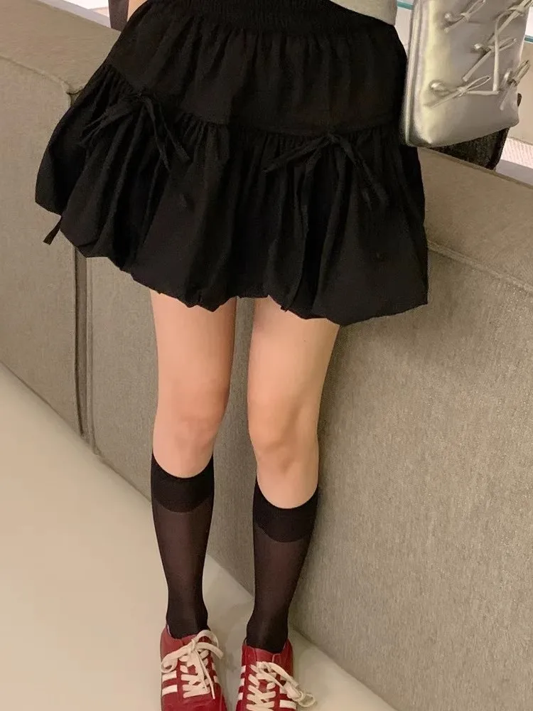 Sweet  Knot Puffy A-Line  Skirt Women's Summer Polyester Fiber High Waist Flower Bud Skirt Casual Sle