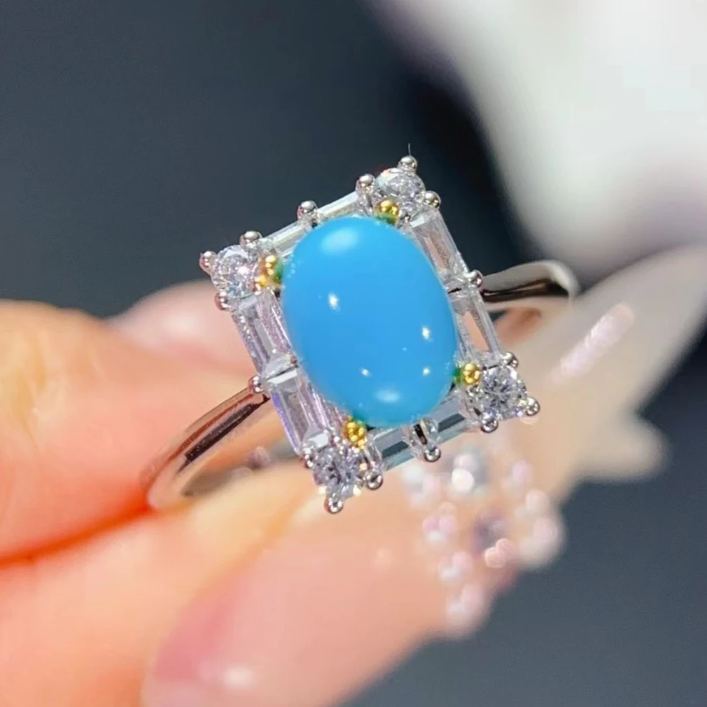 Dazzling 925 Silver Gemstone Ring  Beautiful Turquoise Ring 6mm*8mm Natural Turquoise Powder Forming Gemstone Jewelry