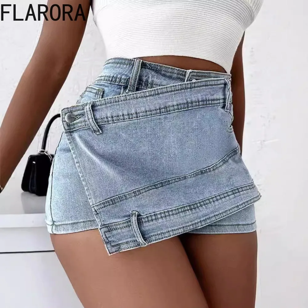 FLARORA Fashion Denim Mini Shorts Woman Stretch Irregular A-Line Skinny Cargo Jean Shorts Y2k Streetwear Female Bottom 2024 New