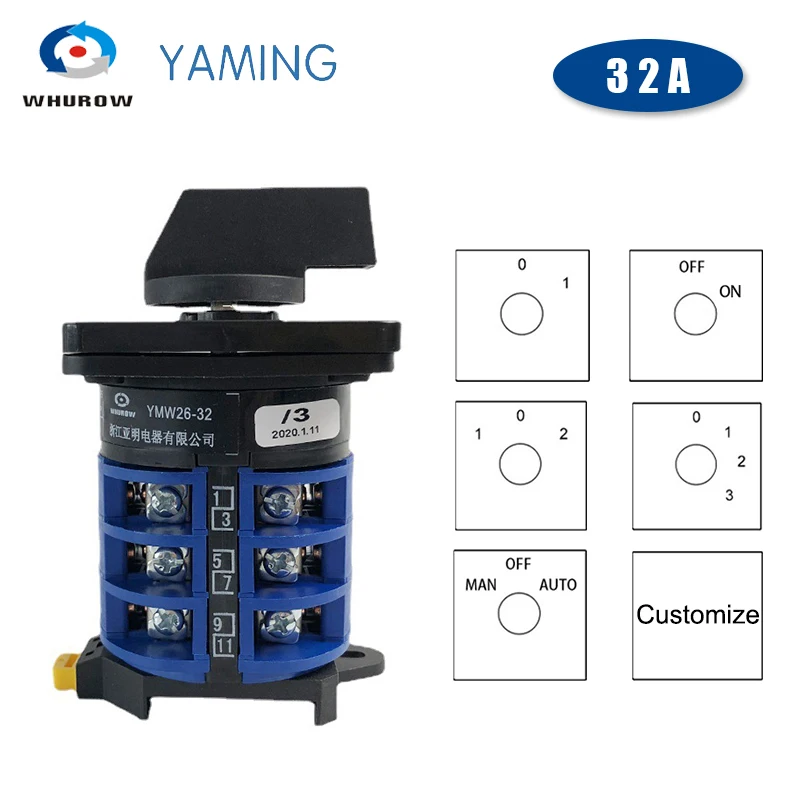 Rotary Cam Switch DIN Rail Mounted 2/3/4/6/7 Position 32A 690V 3 Poles Changeover Gear Selector LW26-32 LW28 YMW26-32/3