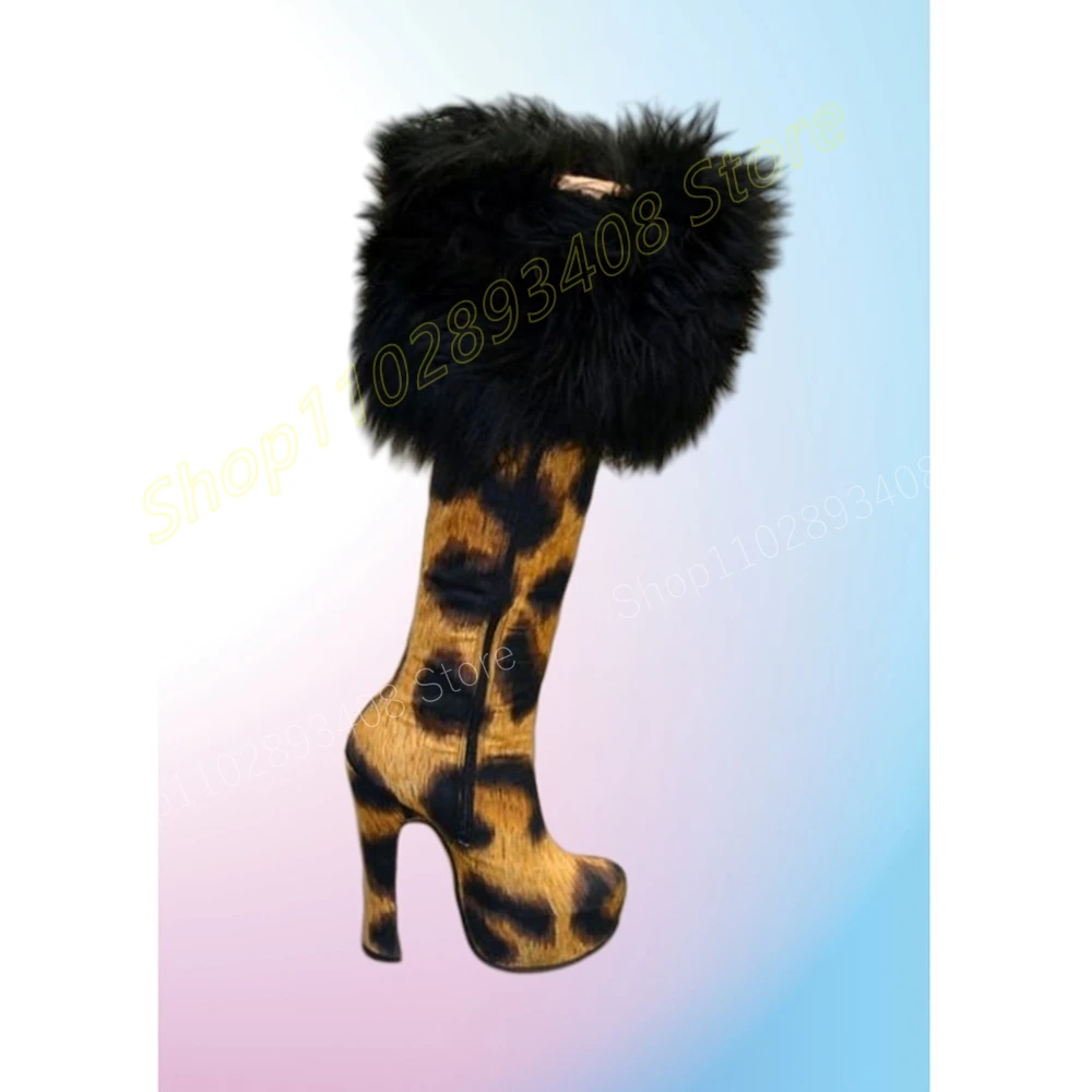 Leopard Print Suede Fur Decor Mid Calf Boots Platform Chunky High Heel Fashion Sexy Women Shoes 2024 Autumn Zapatos Para Mujere