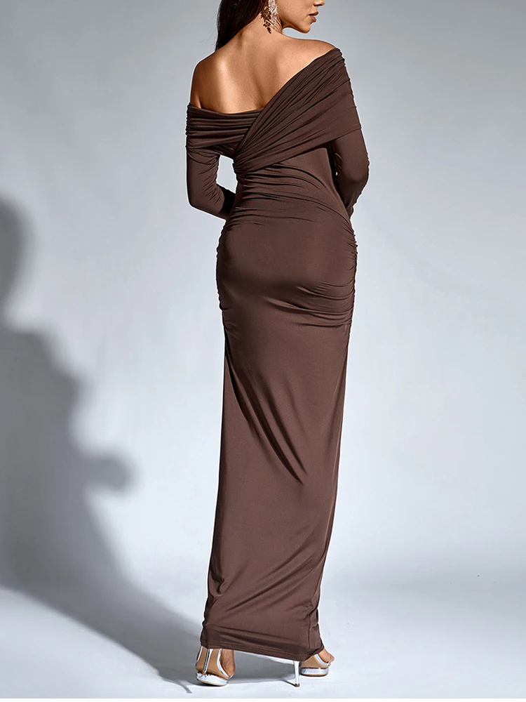 NewAsia Women's Long Sleeve Asymmetric Neck Long Dress One Shoulder Ruched Bodycon Fashion Club Party Maxi Dresses Brown Autumn