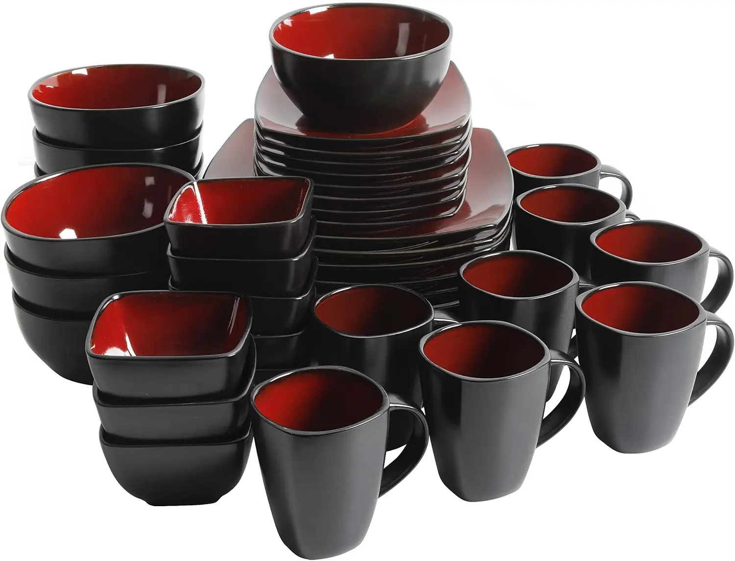 Soho Lounge Square Reactive Glaze Stoneware Dinnerware Set, Service for 8 (40pc), Red/Black