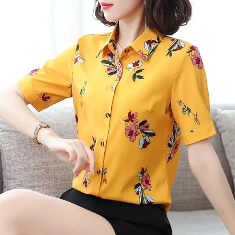 Summer Turn-down Collar Button Flower Printing Cardigan Women's Clothing Shirt Short Sleeve Coats Casual Fashion Ornate Tops