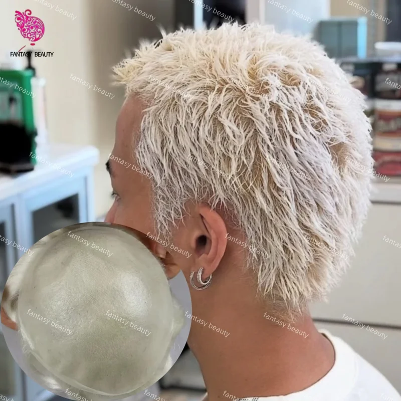 

60RY 1B65 1B80 Серый V-образная петля 80% Плотность Мужской парик из 100% человеческих волос 6 дюймов Мужской протез волос 0,02 мм Тонкая кожа Парики из натуральных волос