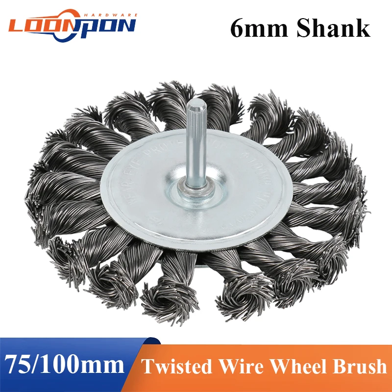 Loonpon 75/100mm Knotted Wire Brush 6mm Shank Twisted Wire Wheel Brush for Metal Polishing Cleaning Removing Paint Rust 