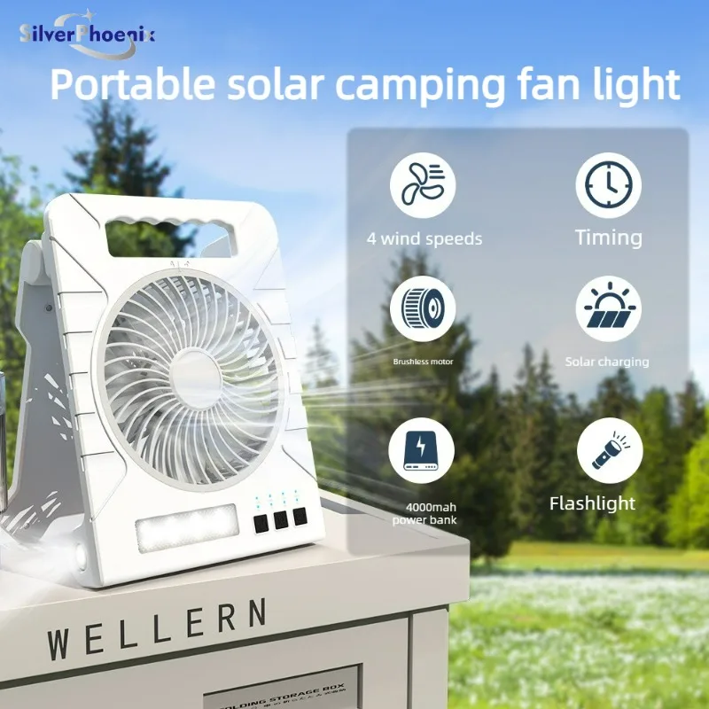 

New Powered Camping Solar Fan - Portable Rechargeable Handheld Fan with LED Light, Power Bank for Outdoor, Fishing,Wild Camping