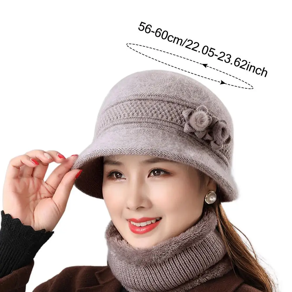 Warm Women's Hat and Scarf Set Windproof Faux Rabbit Fur Fleece-Lined Neck Warmer Thickened Knitted Mom Hat Scarf Two Set