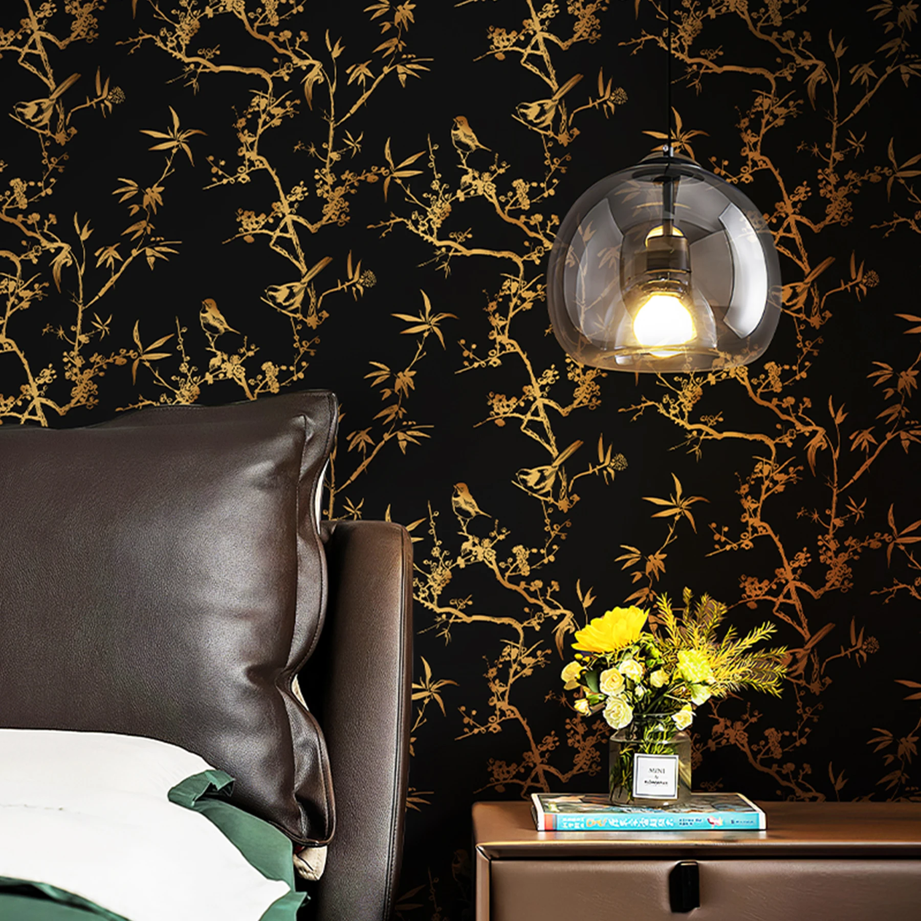

Виниловые обои с золотыми деревьями и цветами, самоклеящиеся водонепроницаемые обои для декора стен шкафа, золотистого и черного цветов