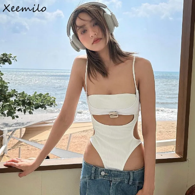 

Xeemilo Y2K Hollow Out White Bodysuit 2023 Beach Vacation Square-neck Bandage T-shirt Summer Sequined Skinny Sleeveless Bodysuit