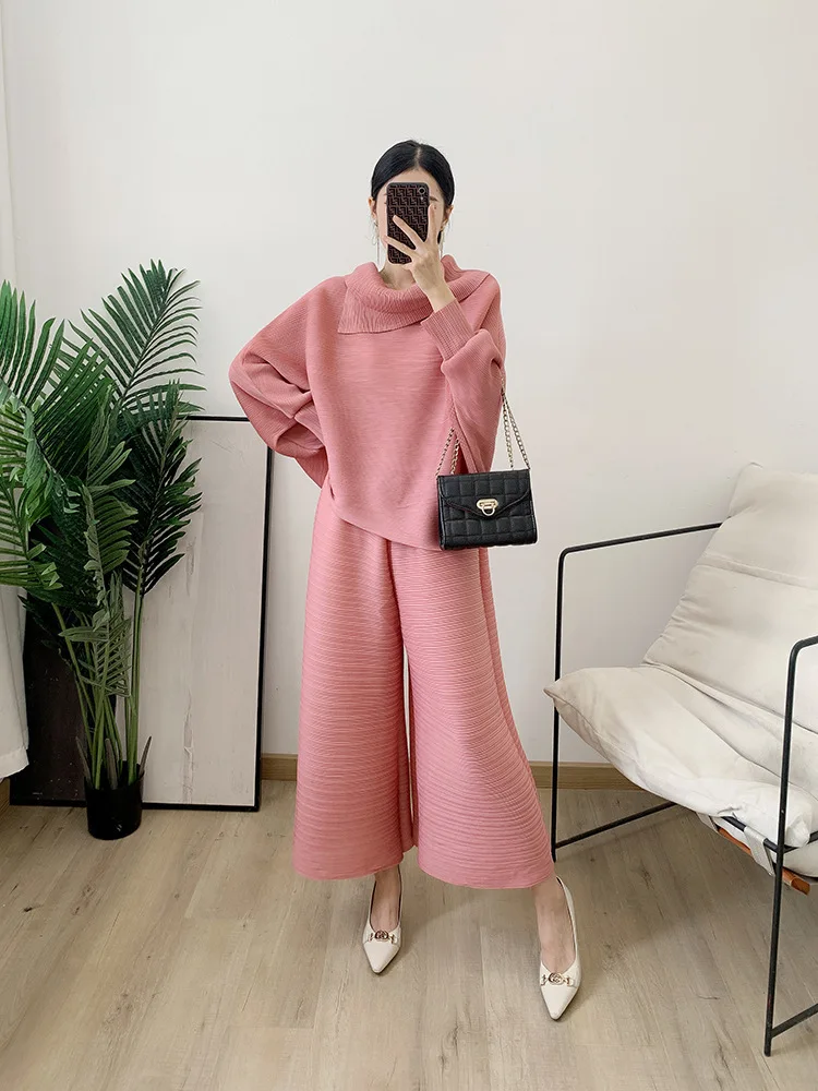 ALSEY Miyake Pleated Women's Set Scarf Neck Long Sleeve Top + Folded Loose Casual Solid Color Wide Leg Pants Two Piece Set 2023