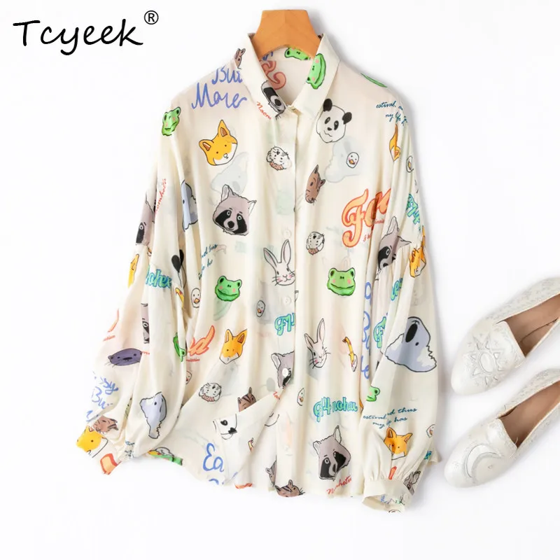 

Tcyeek 100% Real Mulberry Silk Shirt Women Print Summer Clothes Elegant Womens Shirts Long Sleeve Top Loose Fit Блузка Женская