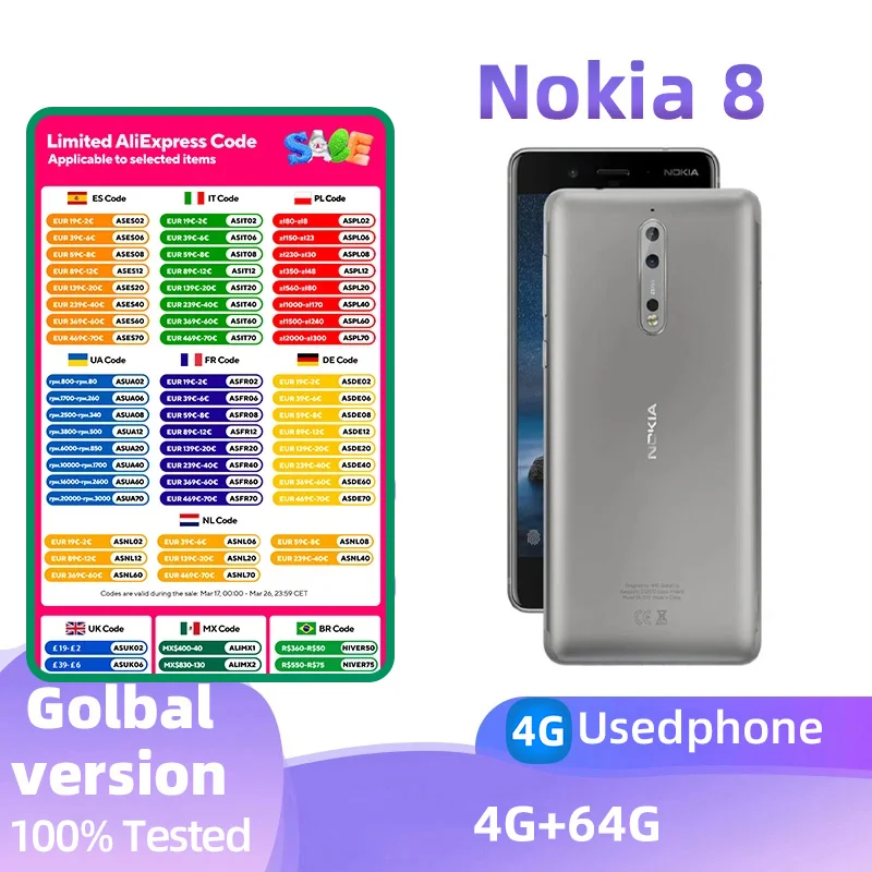 Nokia 8 4G SmartPhone CPU Qualcomm Snapdragon 835 Battery capacity 3090mAh 13MP Cameraoriginal used phone