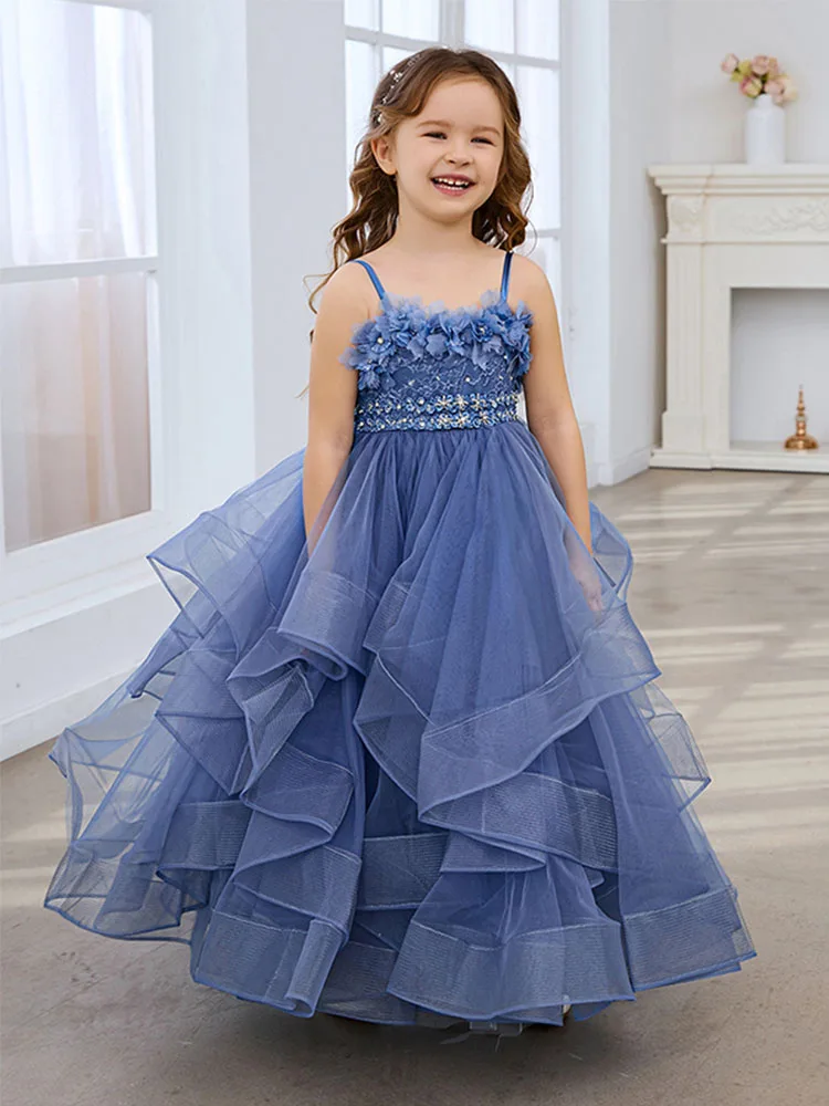 Abiti da ragazza di fiori in pizzo Princess Tulle Custom Girls Birthday Ball Gown Up Floor-length