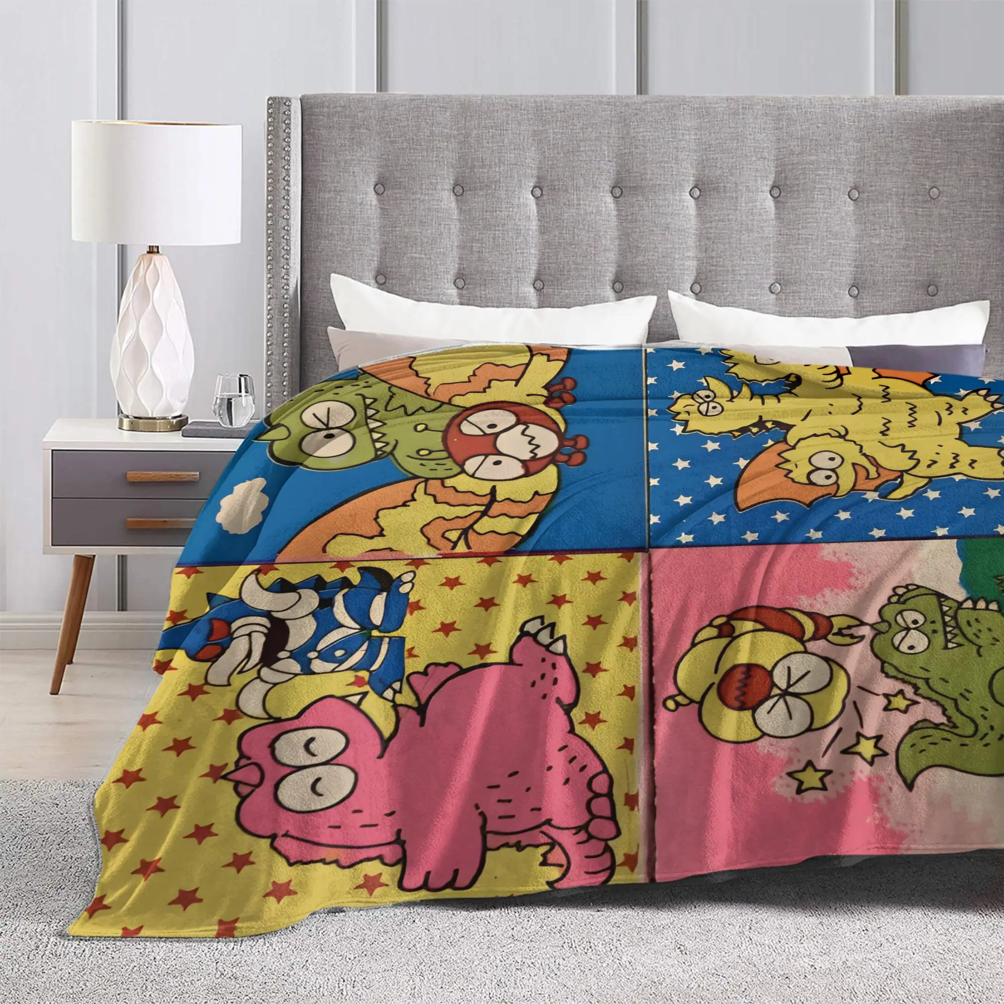 Chibi Monster Island Buddies Plush Blanket 80s Funny Throw Blankets for Home 125*100cm Rug Piece
