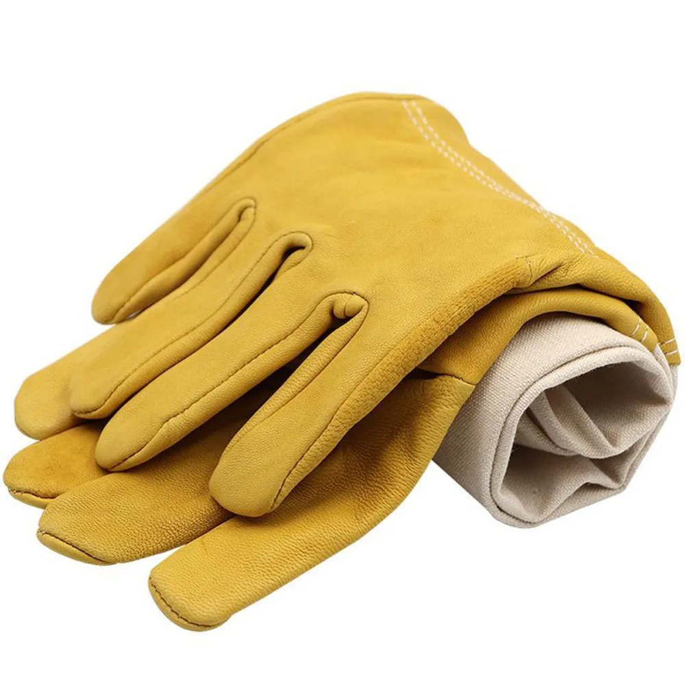 3 Pairs PU Leather Beekeeping Gloves Ventilated Canvas Yellow Gardening Gloves Long Sleeves Thick Protected Long Gloves