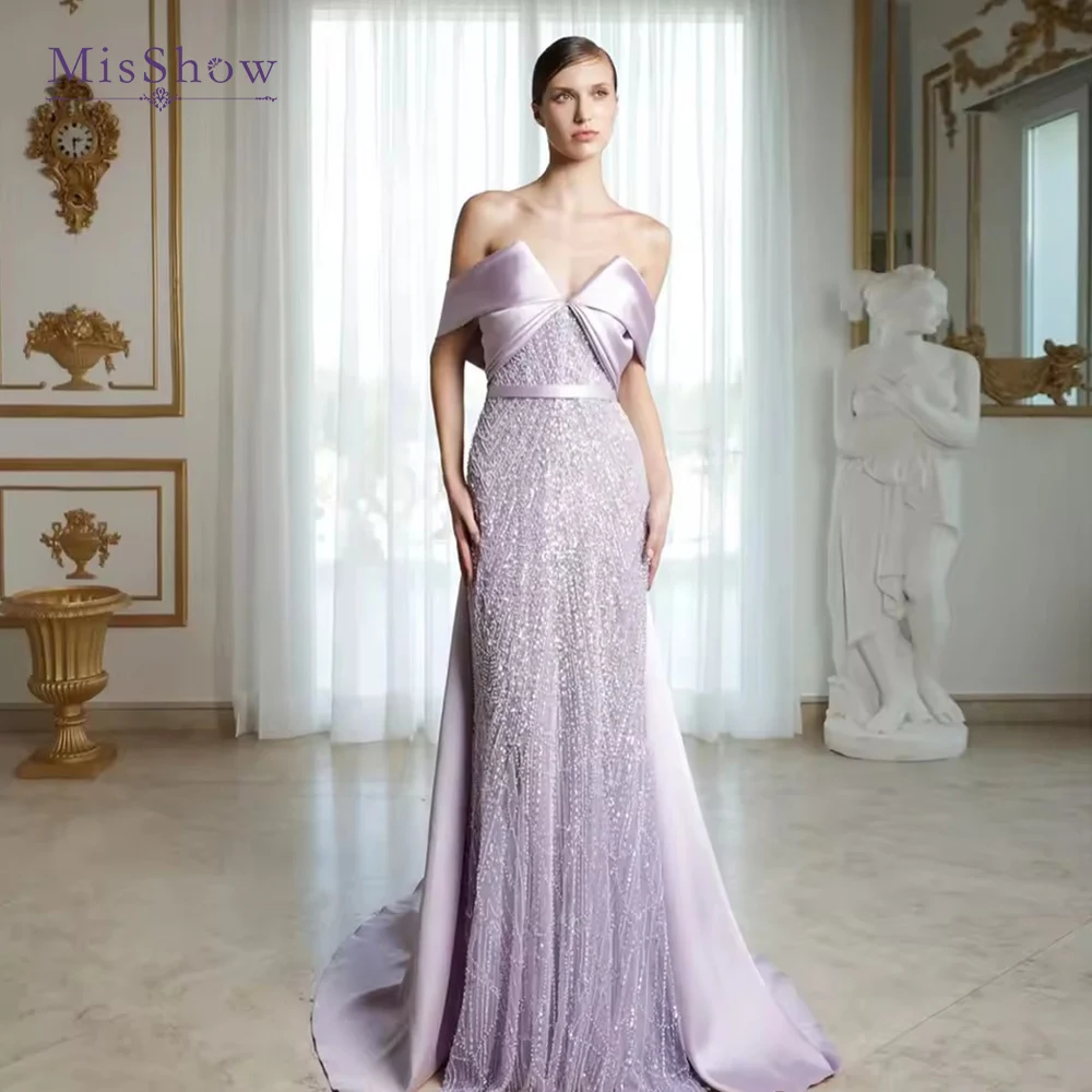 

MisShow Customized Beaded Lilac Evening Gown – Sparkling Sequin Mermaid Elegant Off-Shoulder Prom/Wedding Dress