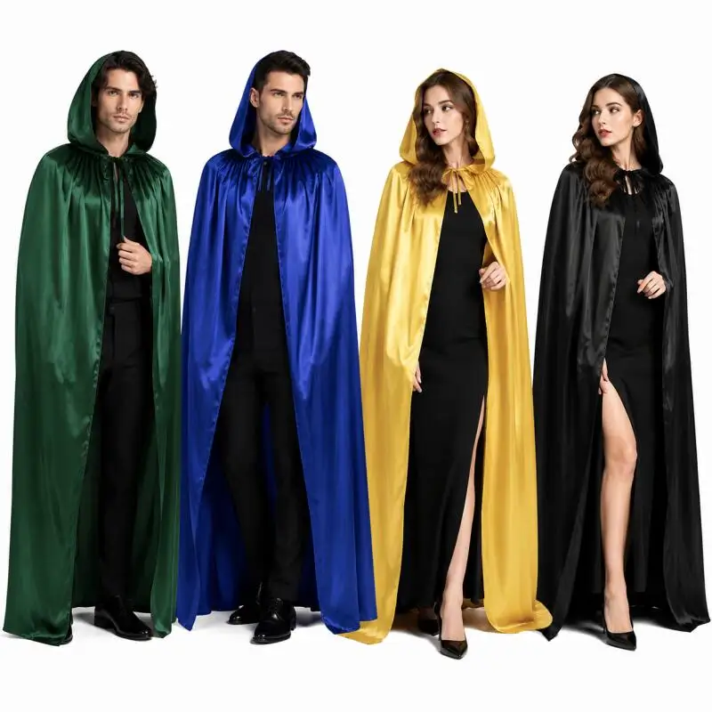 Medieval Hooded Cloak Satin Cape Long Halloween Costume Vampire Wizard Robe Cosplay Outfit Men Women Fancy Dress Party Carnival