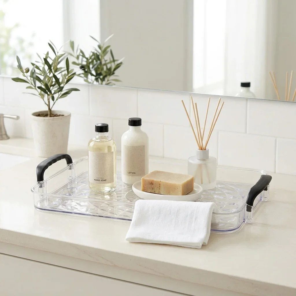 PET Bathroom Vanity Tray with Handles Diamond Texture Perfume Makeup Organizer Cosmetics Counter Desktop Storage Decorative Tray