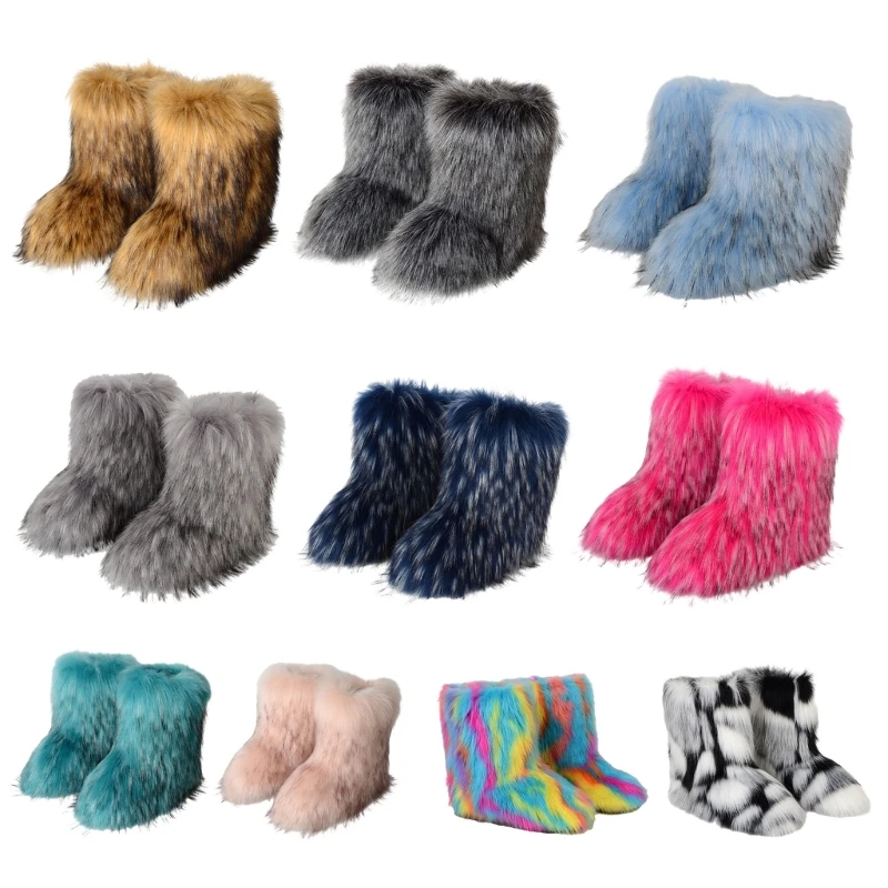 

Faux Furs for Womens Girls Winter Fuzzy Furry Winter Warm Snow Plush Flat Shoes Midi Calf Gift