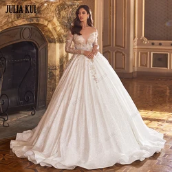 Julia Kui Symmetrical Beading Lace Illusion V-Neck Full Sleeves Bridal Dress Court Train Wedding Gowns