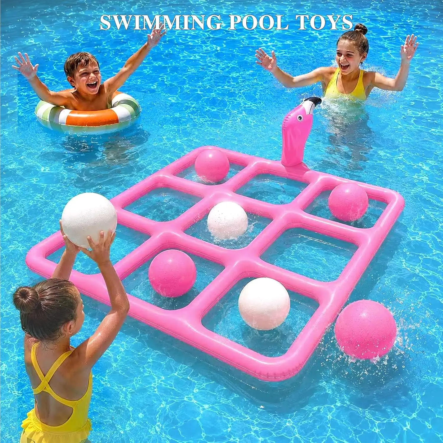 Pink Giant Flamingo Pool Tic Tac Toe Set with 10 Water Balls, Summer Outdoor Water Toy, Nice Party Gift for Family