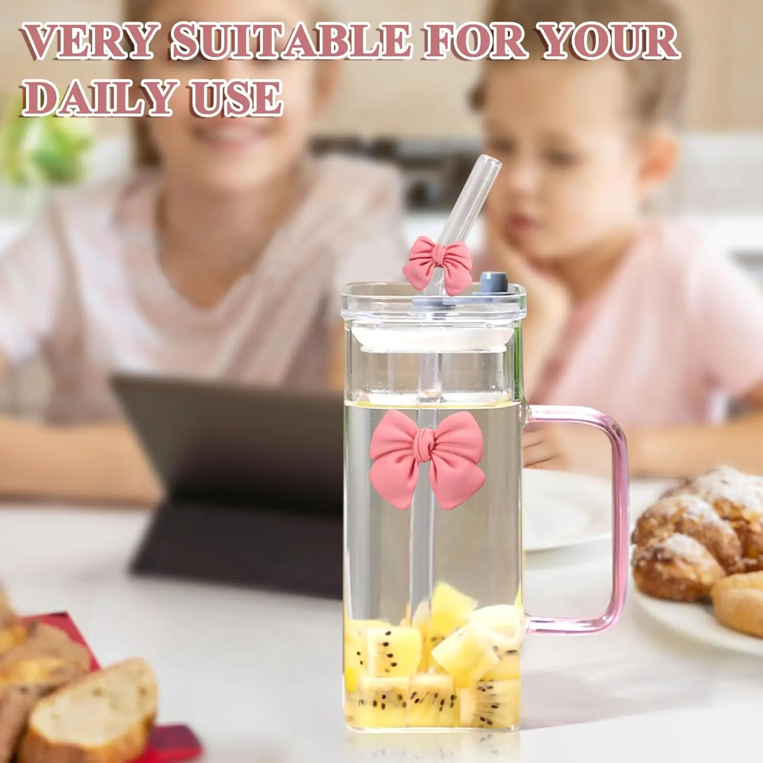 أكواب زجاجية مربعة 13 أونصة مع أغطية وقش، كوب زجاجي مقاوم للحرارة مع مقبض وعقدة على شكل فيونكة كؤوس شفافة للشرب لـ W