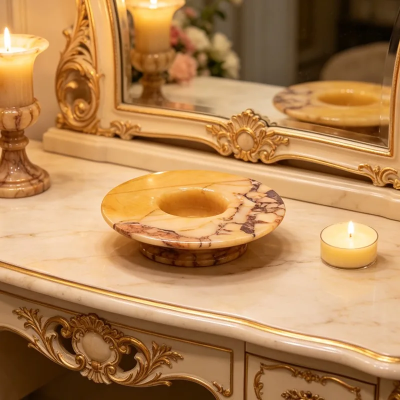 Marble round wax cup, wabi wind villa living room creative small ornament home decoration candlestick Advanced atmosphere