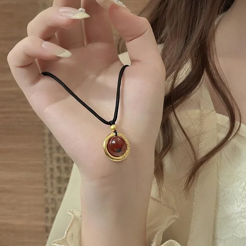 Chinese Style Carving Patterns Round Circle Pendant Necklace for Women Black Rope Chokers Acrylic Red Bead Charms Collar Jewelry