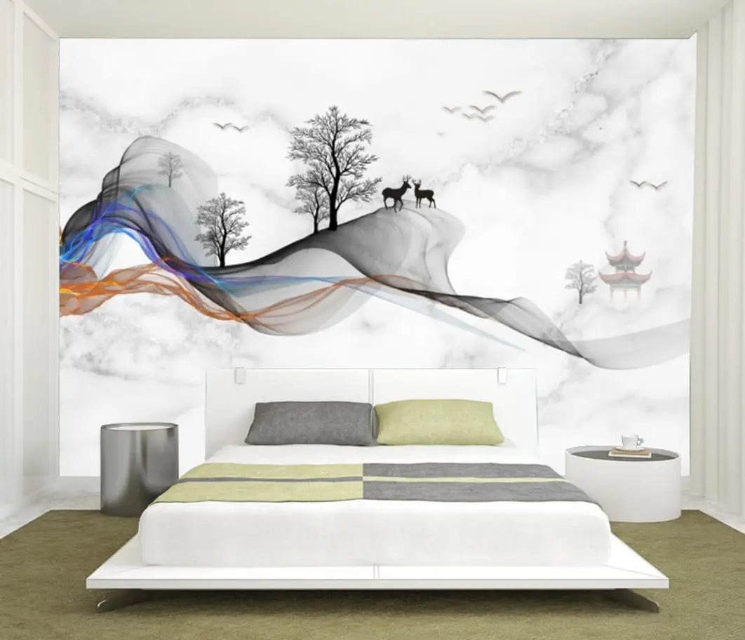 Custom wallpaper ink line deer marble landscape TV sofa background wall painting home decoration living room 3d wallpaper