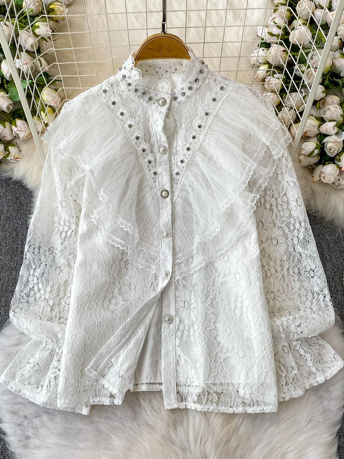 Franse Zware Industrie Diamant Opstaande Hals Lange Mouw Lolita Shirt Vrouwen Zomer Hof Kant Leeftijdsreductie Veelzijdige Ruches Top