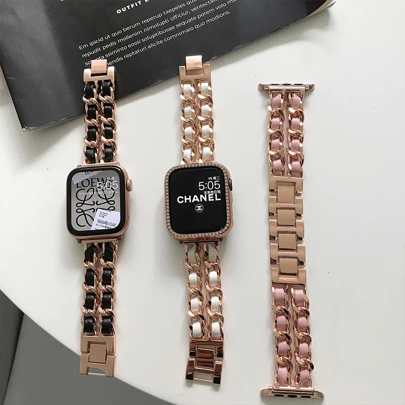 Bracelet de luxe en métal et cuir pour Apple Watch, 49mm 41mm 45mm 38mm 42mm 44mm 40mm, pour femmes, iWatch Ultra 8 7 SE 6 5 4