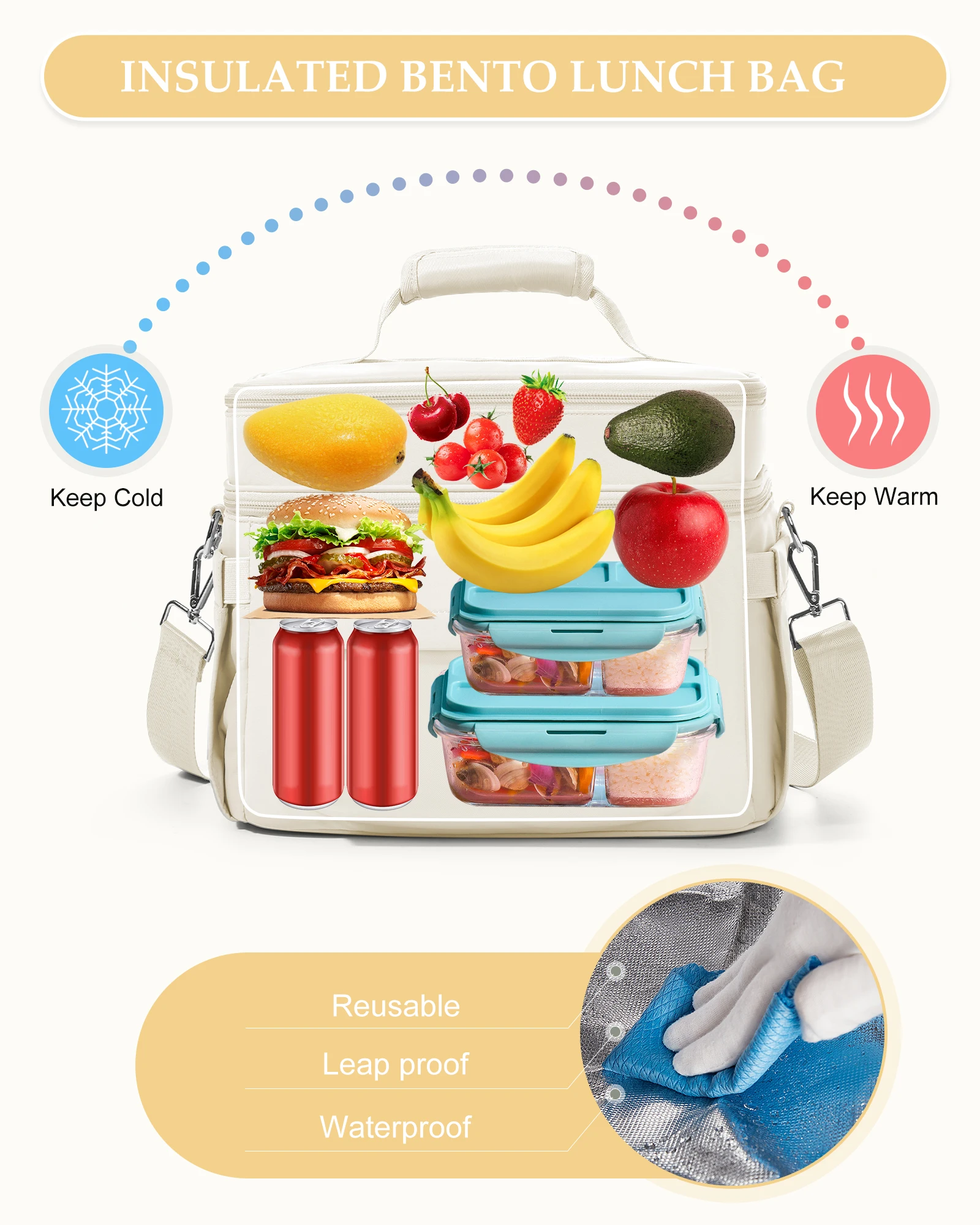 Insulated Lunch Bag for Women Men,Adult Lunch Box with Adjustable Shoulder Strap,Portable Tote Cooler Bag for Office Work Picnic