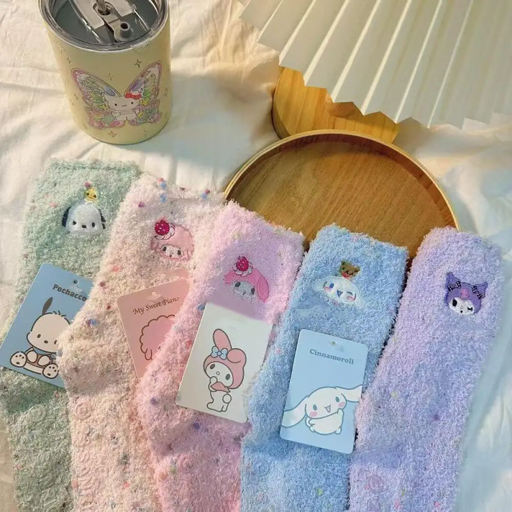 Sanrio Coral Fleece Sock Colored Dots Sleep Sock Cartoon Cinnamoroll Kuromi Melody Home Casual Padded Warm Socks Middle Socks