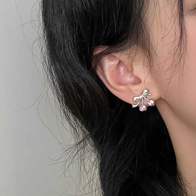 Pink Zircon Bowknot Stud Earrings For Women Girls Creative Design Sweet Exquisite Elegant Wedding Bride Jewelry Gifts