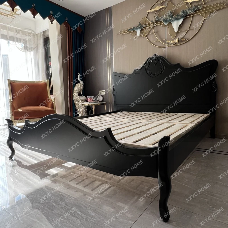 A retro minimalist medieval nostalgic black solid wood queen bed light luxury frame double master bedroom