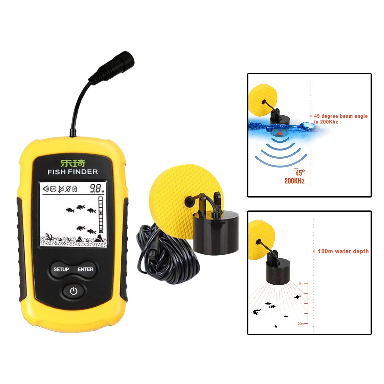 Portable Handheld Fish Detector with Sonar Sensor Transducer LCD Display