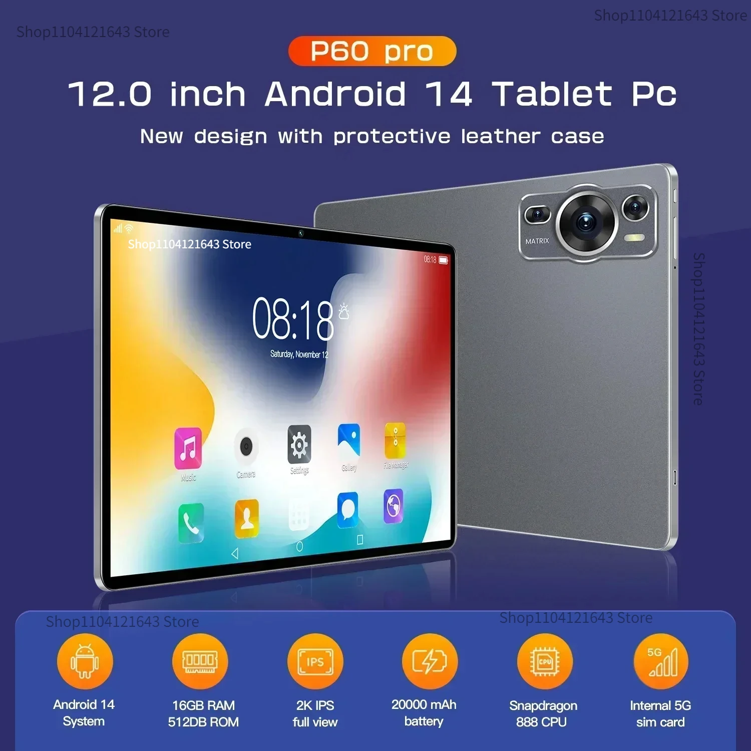 

Global 12.0inch IPS Display Tablet P60Pro 16GB+1TB Android13 Google Play 5G Dual Sim 8800mAh Original Tablet Support Language